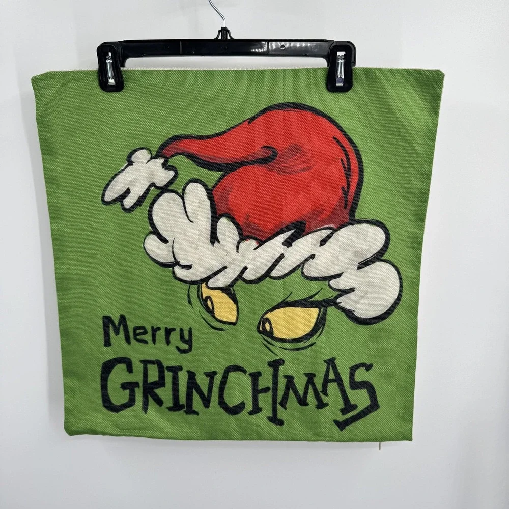 Merry Grinchmas Throw Pillow Cover Green Christmas‎ Decor Grinch Santa Hat